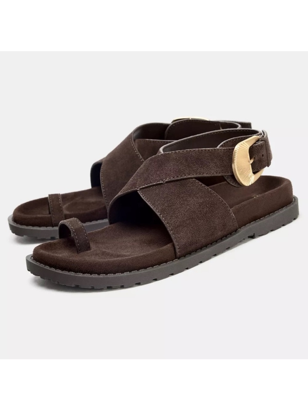 Zara women leather Brown Suede Cross-Strap Sandals with Gold Buckle